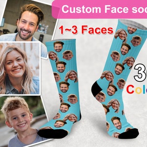 May include: Custom face socks with a blue background and multiple faces printed on them. The text "1~3 Faces" and "30 Colors" is printed on the image.