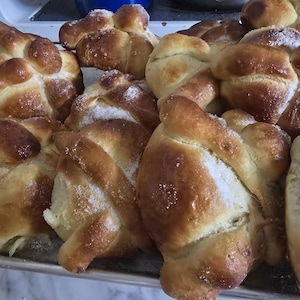 May include: A tray of Pan de Muerto, a traditional Mexican sweet bread. The golden-brown bread is shaped with bone-like decorations and sprinkled with sugar. The bread is a cultural symbol for the Day of the Dead.