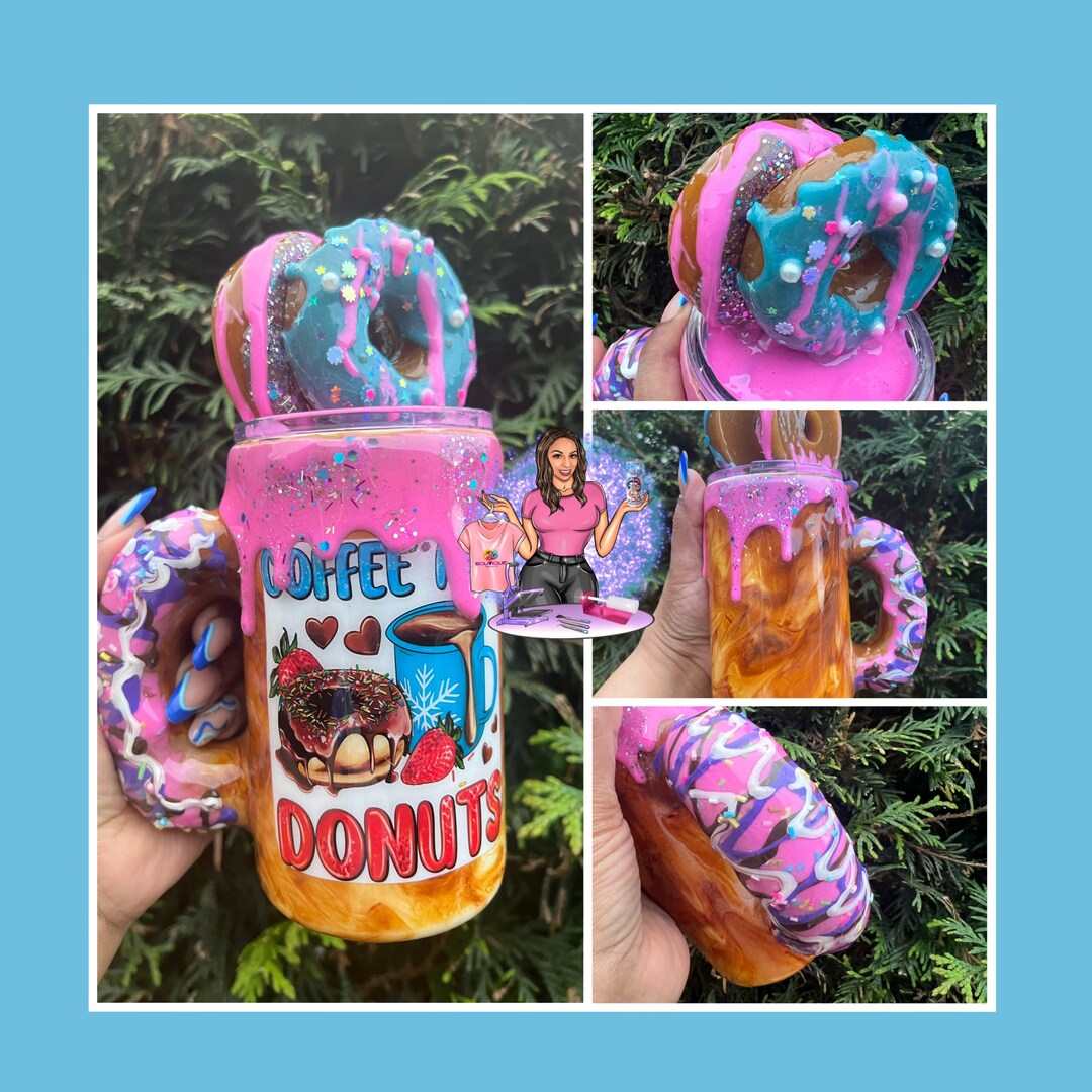 3d Donuts Mug 14oz With 3d Donuts in Its Handle and Lid Epoxy Tumbler, Coffee and Donuts Etsy