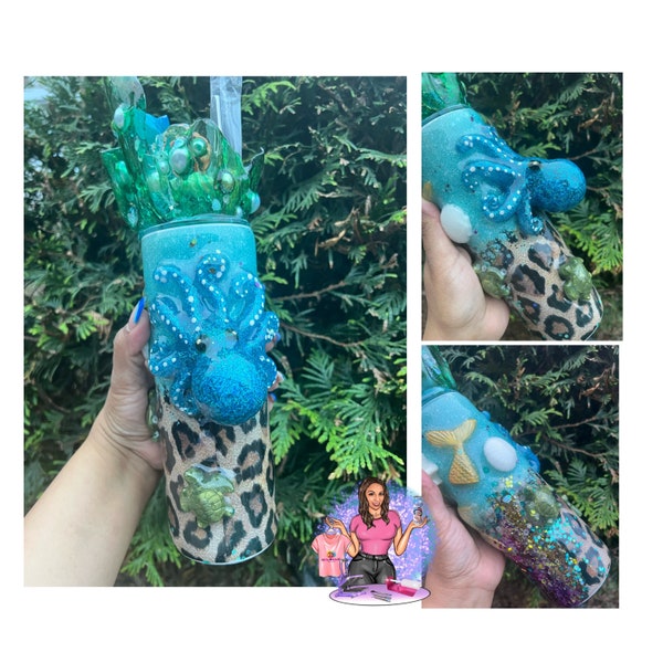 3D custom octopus beach tumbler epoxy tumbler ,beach loved turtle