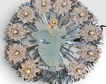 Vintage Angel Tree Topper, 11 Lights, Silver Tinsel Halo, Retro Christmas Decor (Original Box)