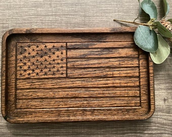 Engraved American Flag Wood Catch All Tray: Handmade Oak Tray