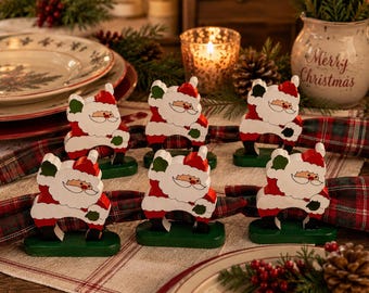 Set of 6 Vintage Hand-Painted Wooden Santa Napkin Rings | Retro Farmhouse Christmas Decor