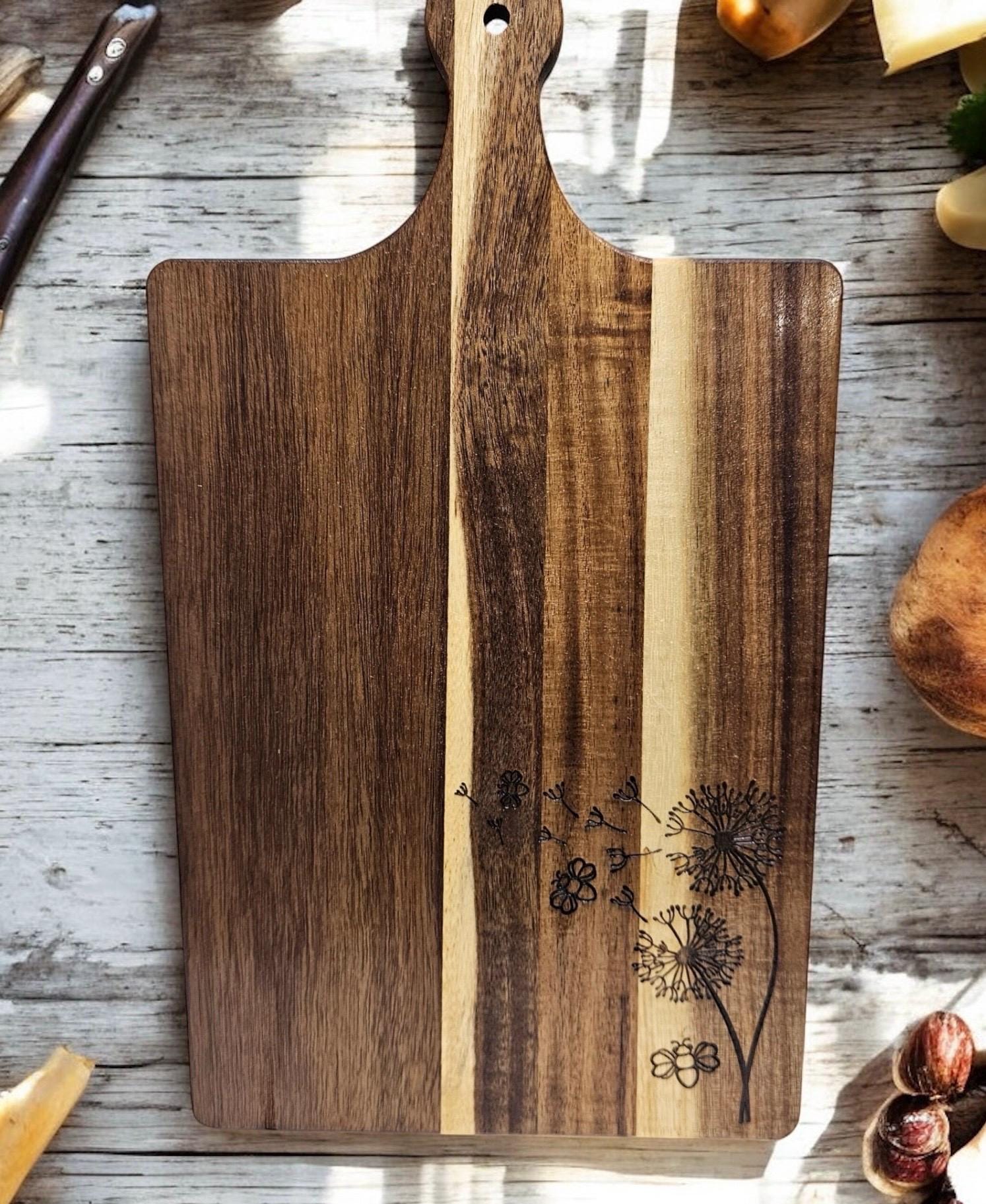 Laser Engraved Acacia Wood Cutting Board: Dandelion and Bee Design - Etsy