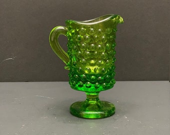 Vintage Kanawha Art Glass Green Hobnail  Footed Pitcher Creamer 3 x 4