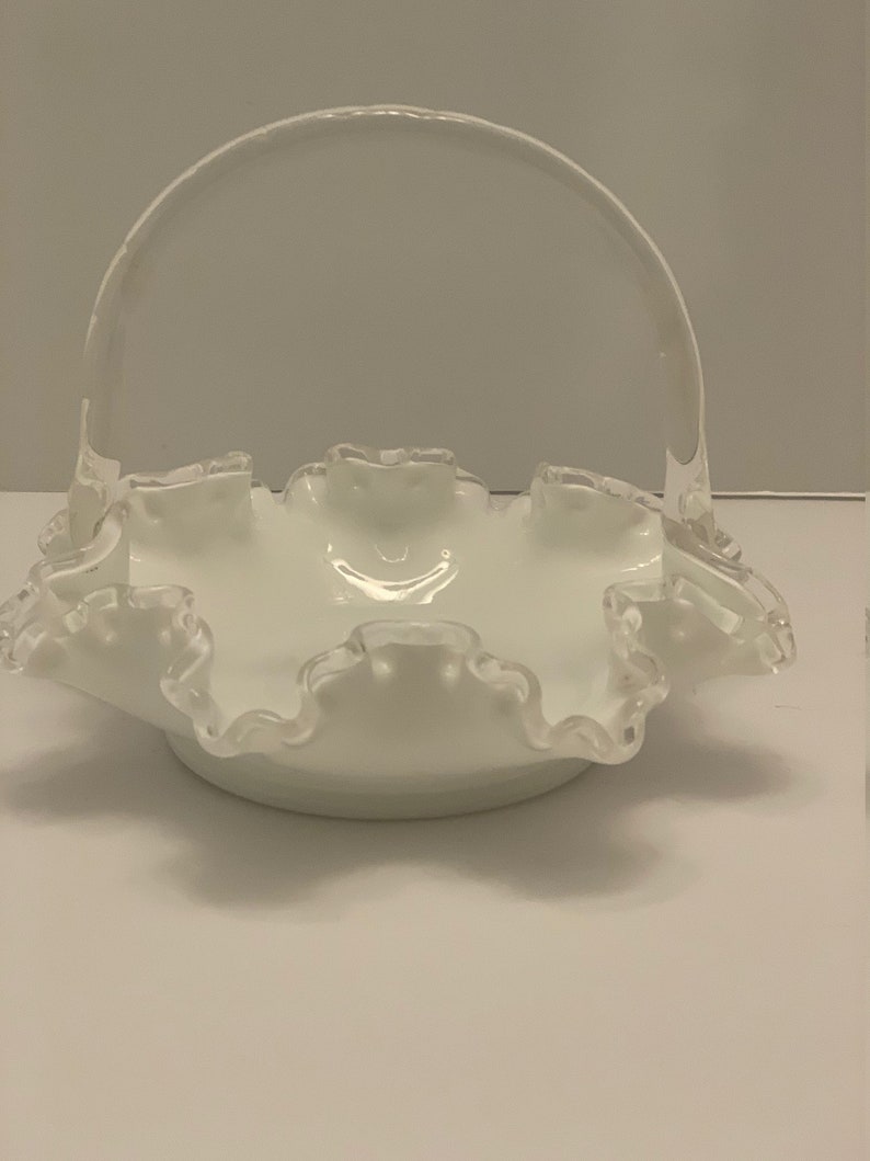 White Fenton Silver Crest Easter Basket Flower Girl Basket 8 x 7 image 3