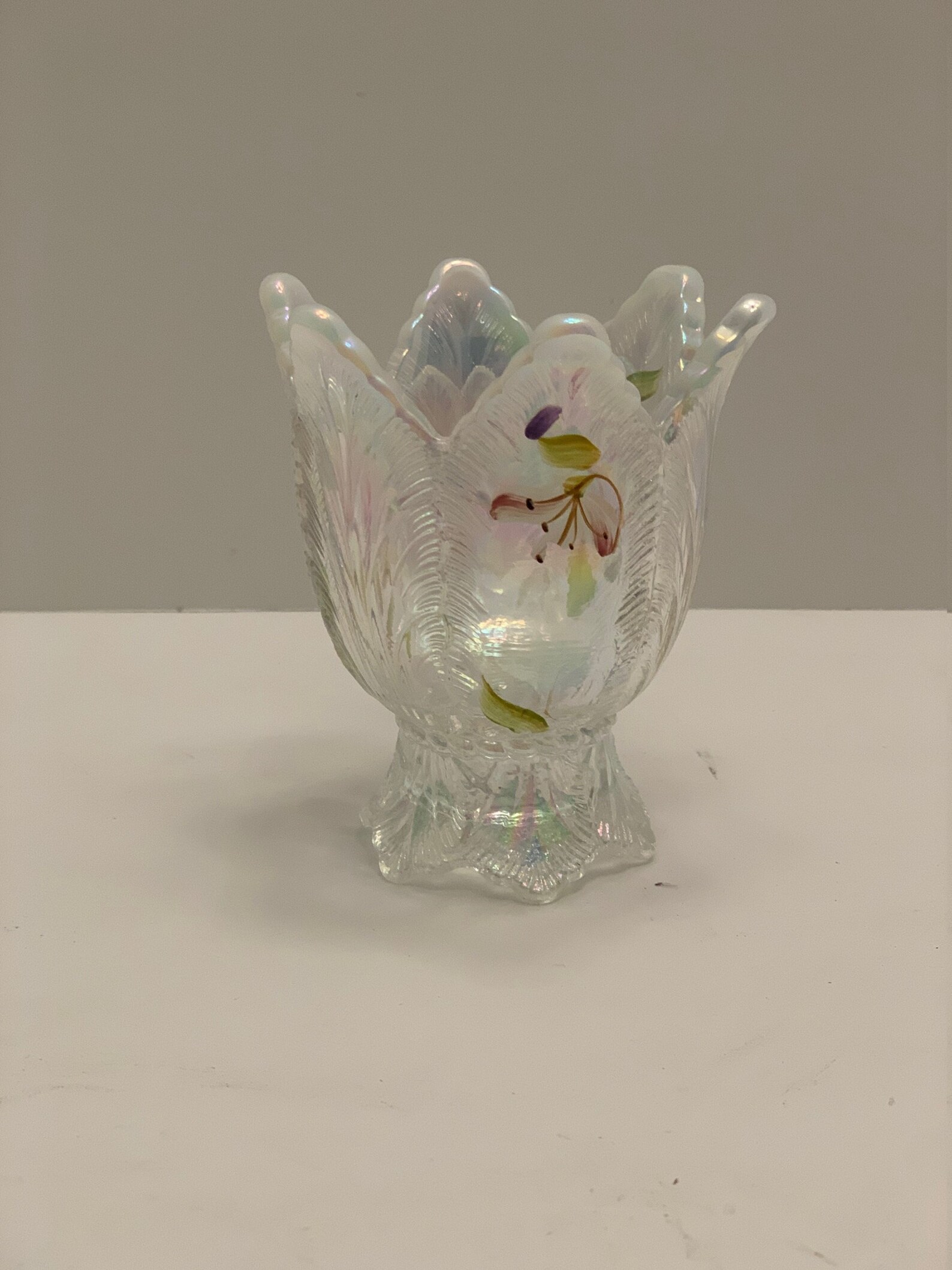Fenton Hand Painted Iridescent Candle Holder Two Way Candle Holder, Art