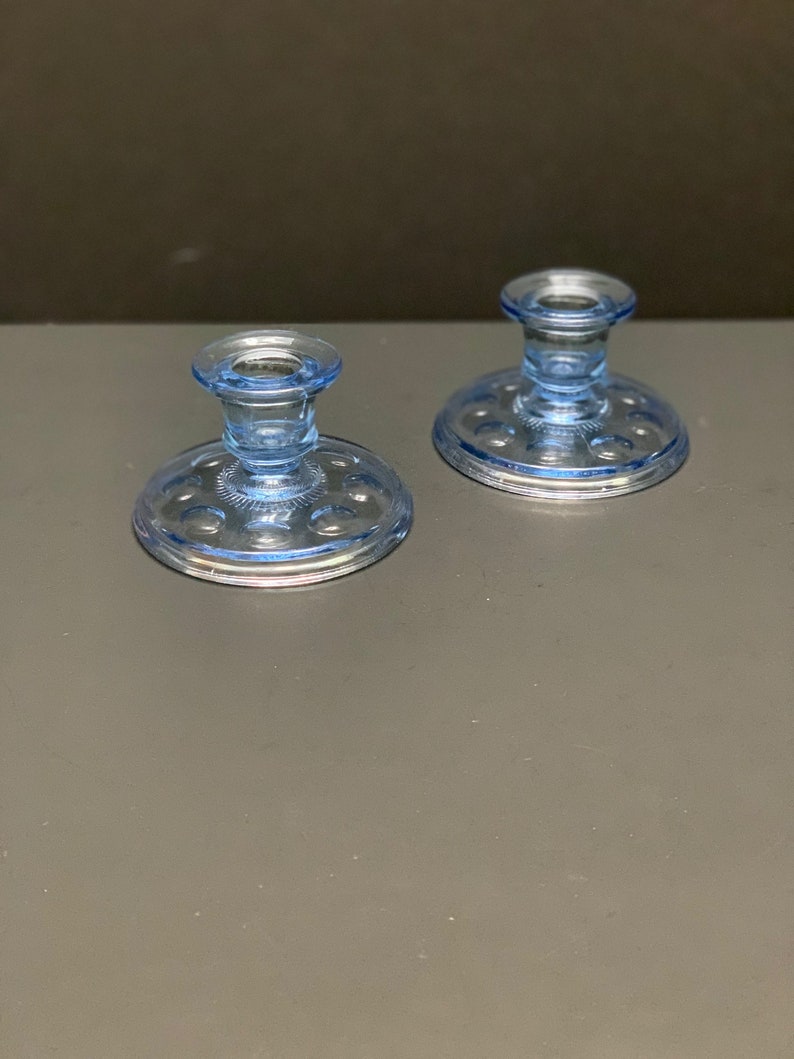 Vintage Baby Blue Coin Spot Candle Stick Holders 2.25 x 4 image 1