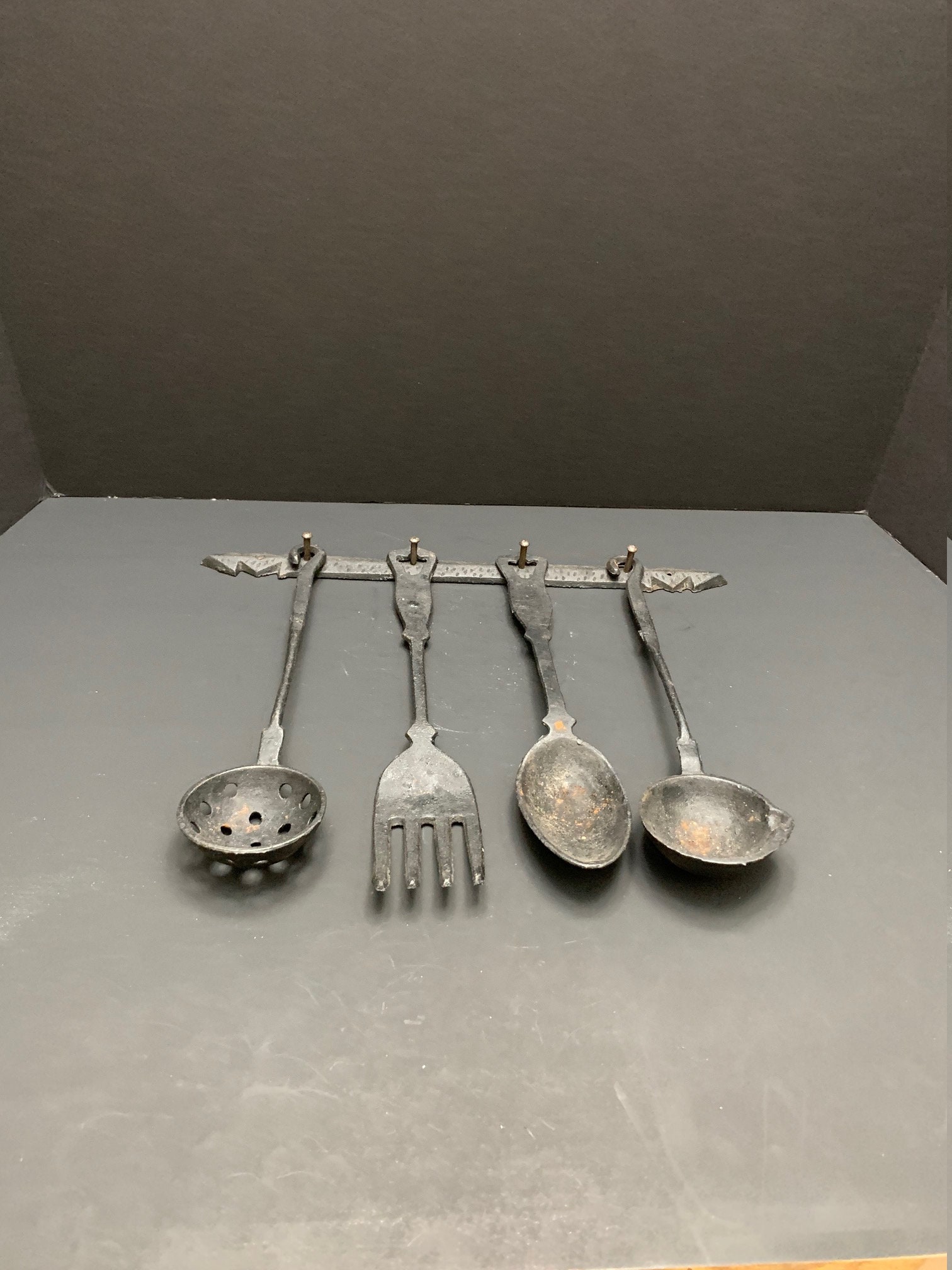 Vintage Old Cast Iron Kitchen Utensils 2 Ladles, Spoon, Fork and Wall Hanger Made in Taiwan Etsy