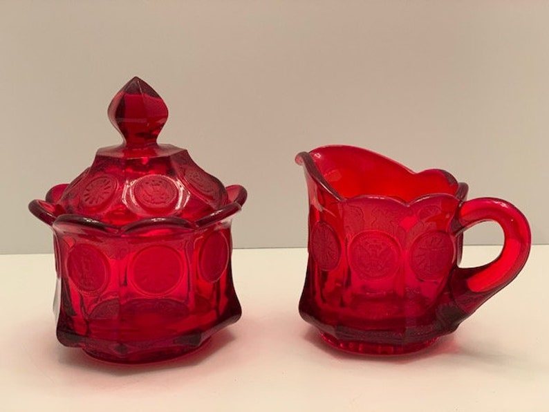 Vintage Fostoria Ruby Red Creamer and Sugar Set Coin Spot Etsy