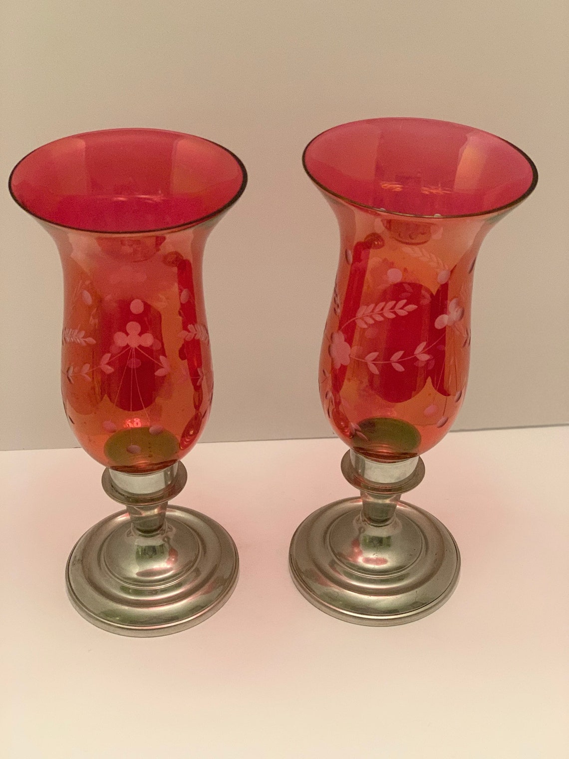Pair of Vintage Cranberry Glass and Pewter Candle Holders Etsy