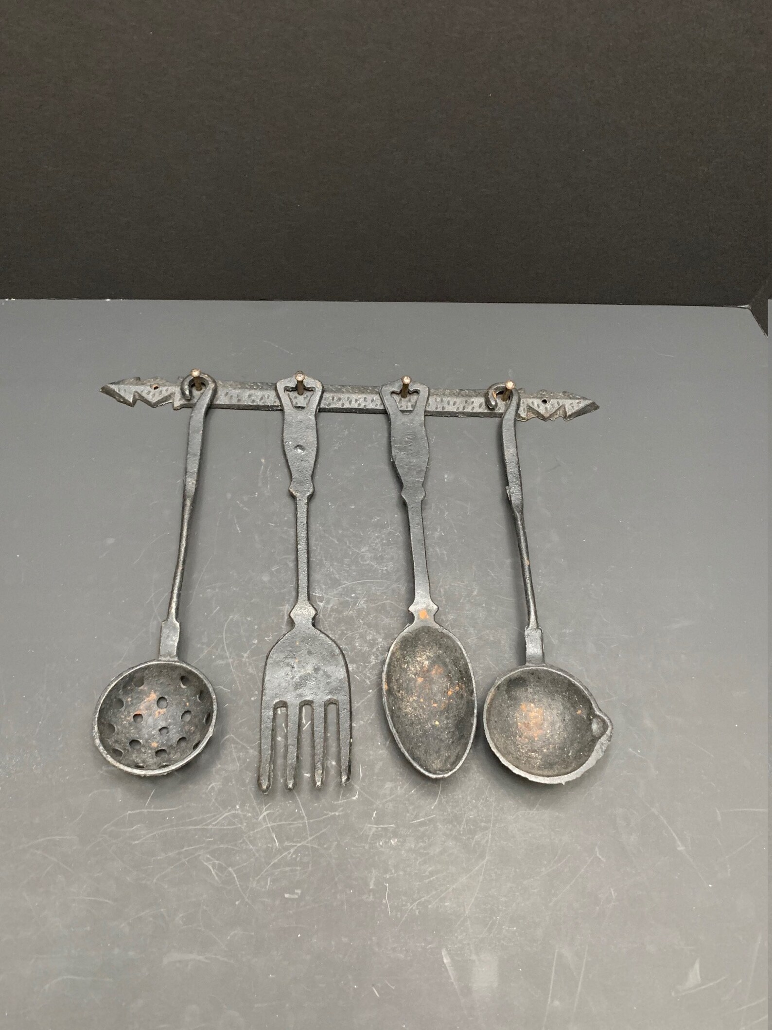 Vintage Old Cast Iron Kitchen Utensils 2 Ladles, Spoon, Fork and Wall
