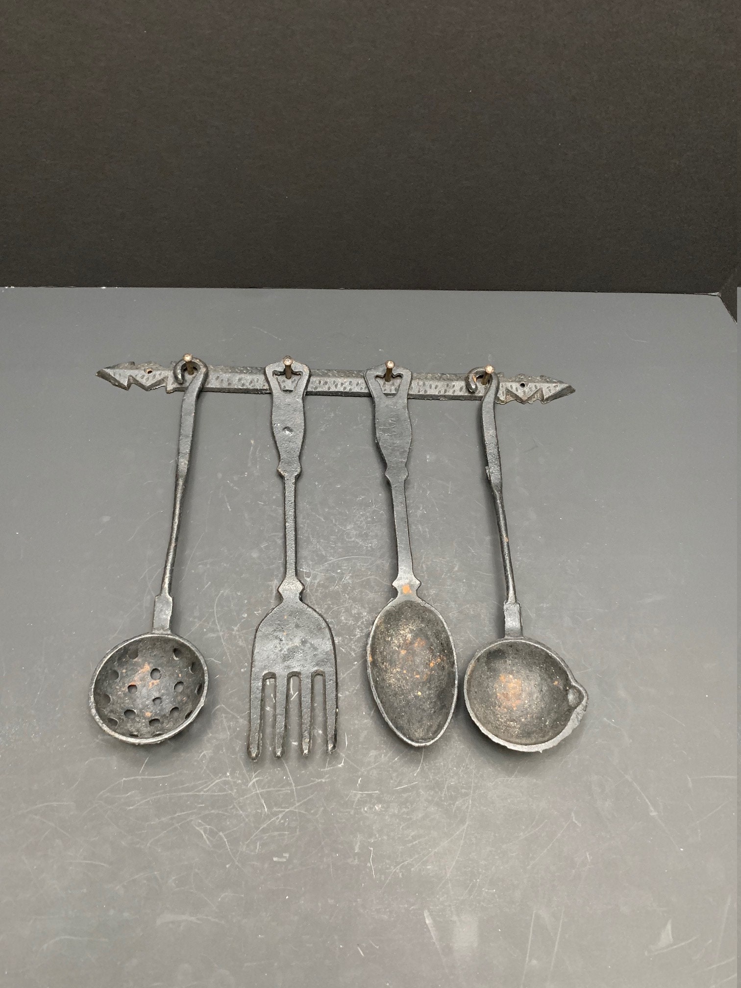 Vintage Cast Iron Utensil Set Fork, Spoon, Ladle And Strainer Marked Taiwan