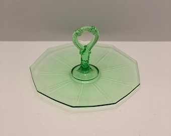 Vintage, Green, Uranium Glass, Depression Glass, Tidbit Tray, Dessert Tray, Torte Plate, Heart Handle