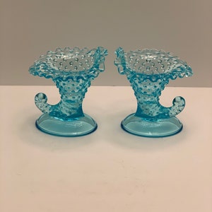Fenton Blue Aquamarine Hobnail Cornucopia Candle Holder Vase Pair 5 x 6