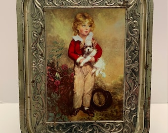 Vintage Shabby Silver Tone Victorian Scroll Designs Young Boy Holding Dog  Metal Serving Tray, Lobeco, Handcrafted in Italy  11x  15.5