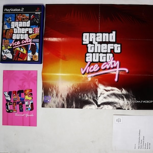 May include: A pink and white poster for the video game Grand Theft Auto: Vice City. The poster features the game's logo and a woman in a pink bikini.