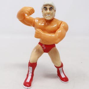 May include: A plastic action figure of a wrestler wearing a red wrestling outfit with a white "B.G." logo. The figure has white hair, a tan body, and is posed with one arm raised and the other clenched in a fist.