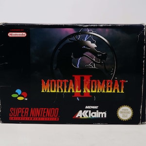 Cartucho de videojuego vintage Super Nintendo Entertainment System SNES Mortal Kombat II 2 de los años 90 en caja Pal