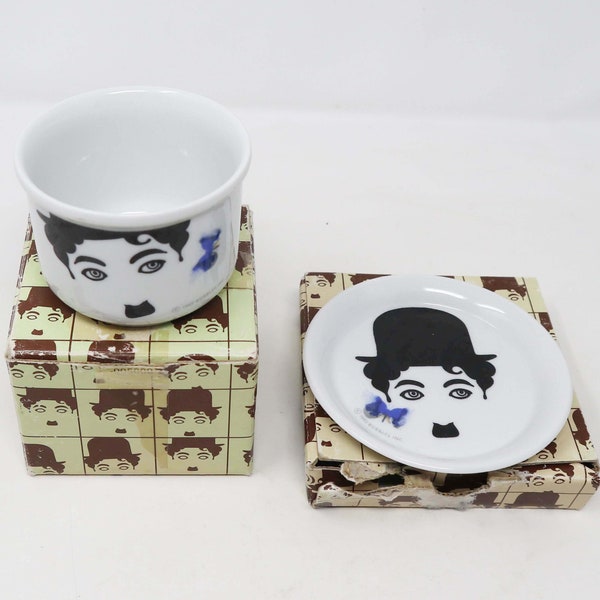 Vintage 1982 80s Bubbles Auguri Di Mondadori Charlie Chaplin Porcelain Cup & Plate / Saucer / Pin Tray Ornaments Knick Knacks Lot Boxed Rare
