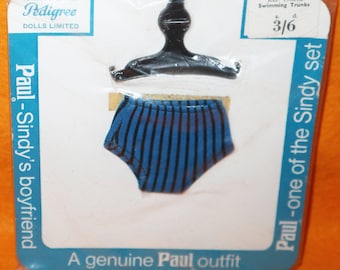 Vintage 1960s Pedigree Paul - Sindy's Boyfriend Ref. 13M52 Swimming Trunks Fashions Outfit Pieces For Dolls + Hanger Carded MOC Sealed Retro