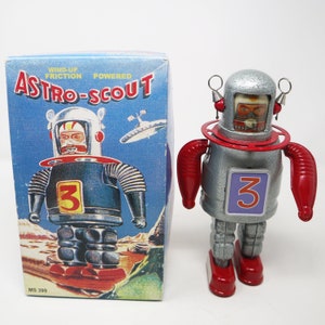 Vintage Tobar Astro-Scout MS 399 Wind-Up Friction Powered Clockwork Tin Toy Robot Figure With Wind-Up Key Boxed