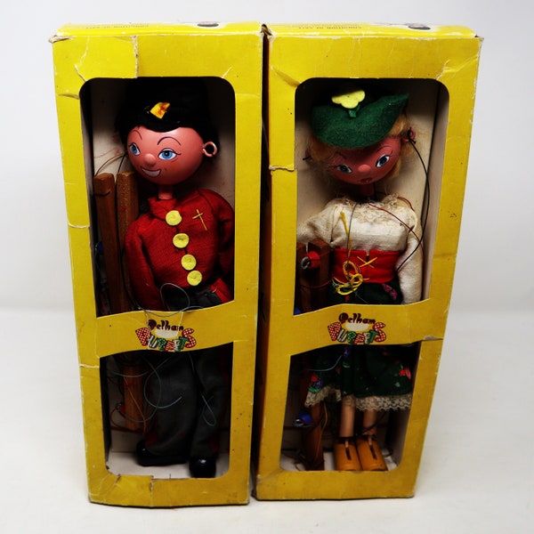 Vintage Pelham Puppets Fritzi The Soldier Boy SS7 + Mitzi Girl SS8 Standard Stringed (SS) Hand Made Puppets Marionettes Boxed Lot Rare