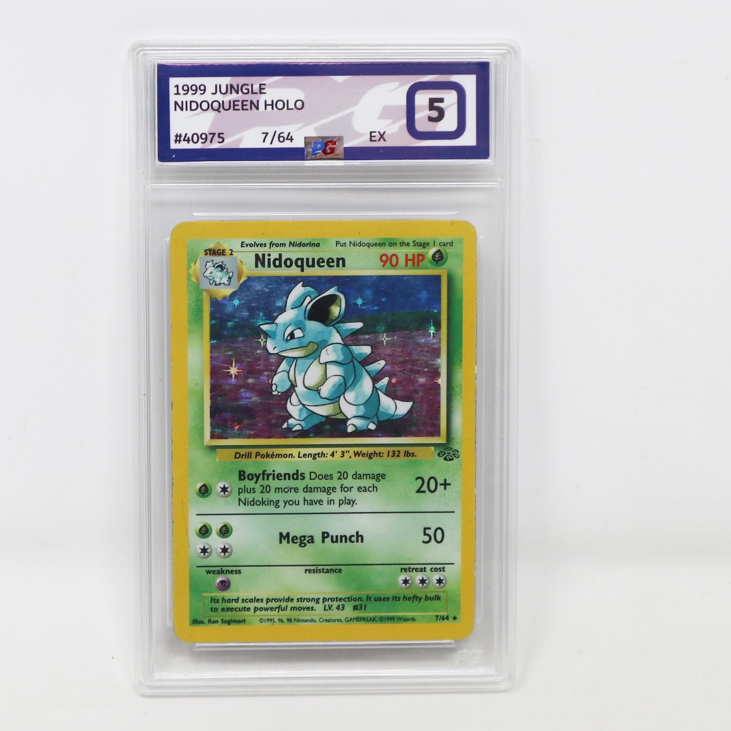 Vintage 1999 90s Nintendo Pokemon Nidoqueen Holo 7/64 Jungle Trading Game Card Graded PG Grading Excellent EX 5 Rare Vintage 1999 90s Nintendo Pokemon Nidoqueen Holo 7/64 Jungle Trading Game Card Graded PG Grading Excellent EX 5 Rare