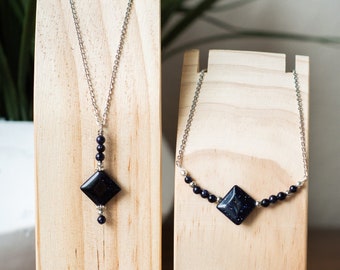 Blue Goldstone Necklace, Blue Stone Pendant, Blue Goldstone Bar Necklace, Navy Stone Necklace, Choose your Style, Sparkly Crystal Necklace