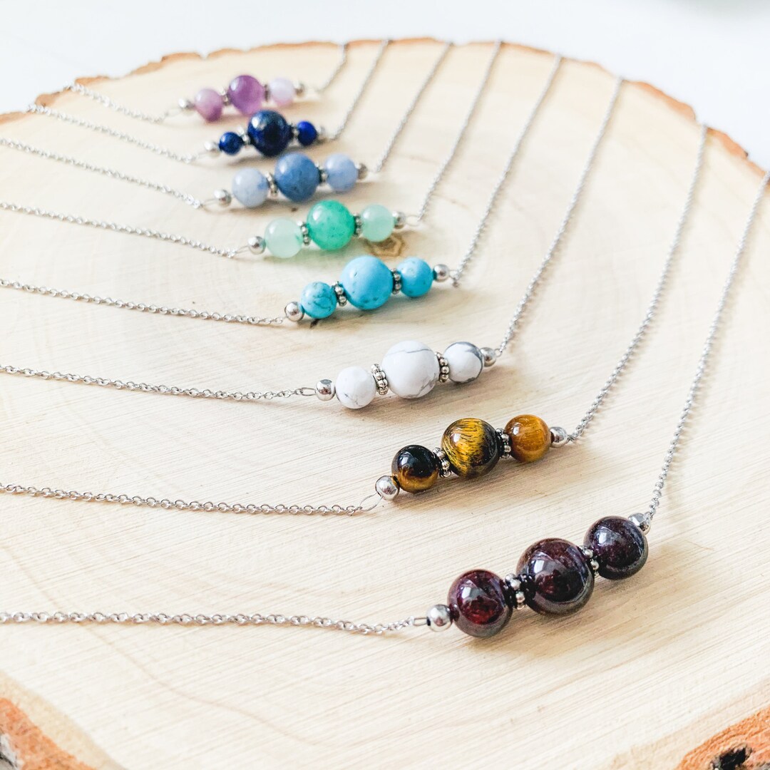 Crystal Bar Necklace, 3 Stone Necklace, Handmade Gemstone Necklace