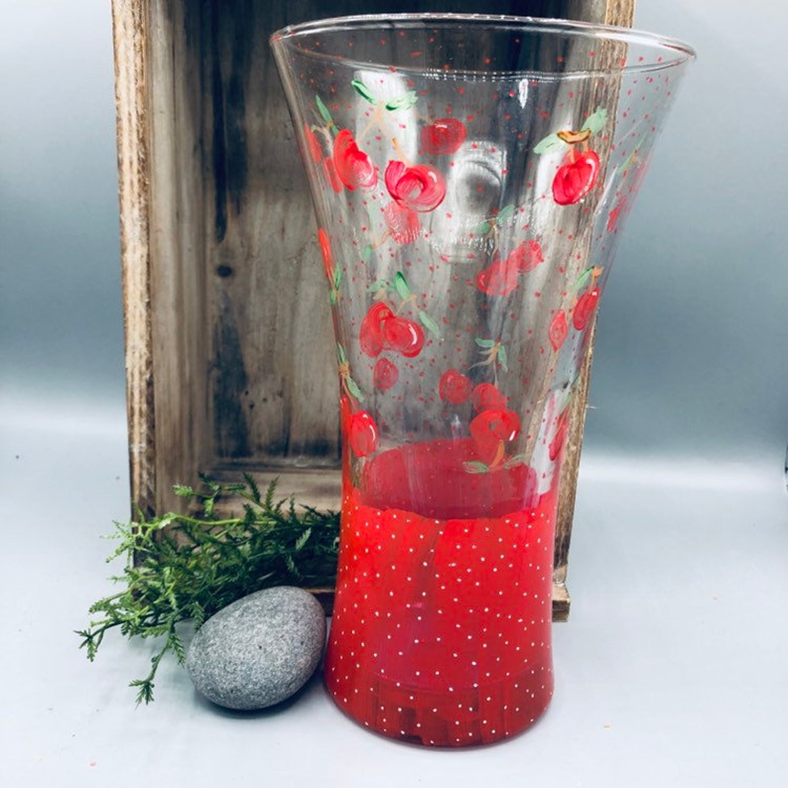 Large Hand painted glass Cherries designed Vase a Etsy