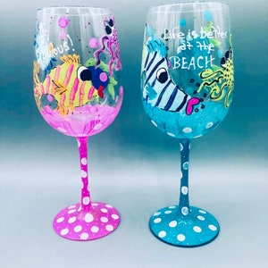 WHIMSICAL & Fun Sea Creatures hand painted on Wine glasses, perfect gifts for Zoom Happy hour with friends, unique Wedding gift, birthdays