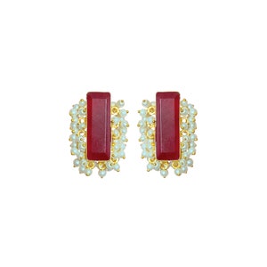 Ruby semi-precious statement geometric stud earrings with mini pearl detail surround plated in 18k gold