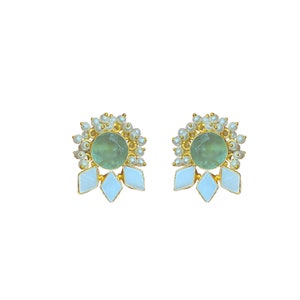 Green fluorite and triple leaf mother of pearl semi-precious statement stud earrings with mini pearl detail surround plated in 18k gold