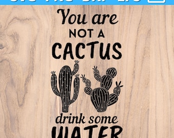 May include: Black and white graphic design with the text "You are not a cactus drink some water" and two cactus illustrations.