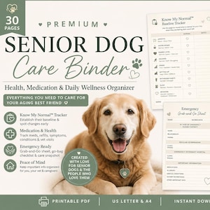 May include: A senior dog care binder printable PDF set featuring a golden retriever and various tracking templates. The text includes Premium Senior Dog Care Binder, Health, Medication & Daily Wellness Organizer, and 30 pages of tools, trackers & templates.