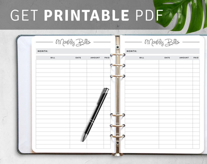 Monthly Bill Tracker, Bill Planner, Bill Payment Tracker, Printable Monthly Budget Planner, A4, A5, Letter, Half Letter PDF Template