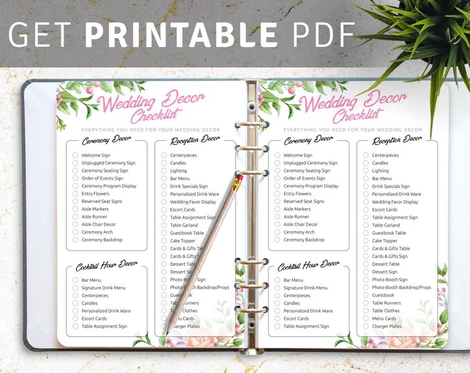 Wedding Decor Checklist - Wedding checklist printable, digital download