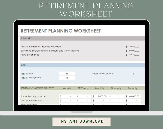 Retirement Planner using Microsoft Excel - Instant Downloadable Finance Planner - Digital Planner - Spreadsheet Template