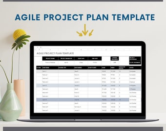 May include: A laptop screen displaying an Agile Project Plan Template spreadsheet with columns for project name, manager, dates, progress, and deliverables. The table includes rows for tasks, responsible parties, and status updates.