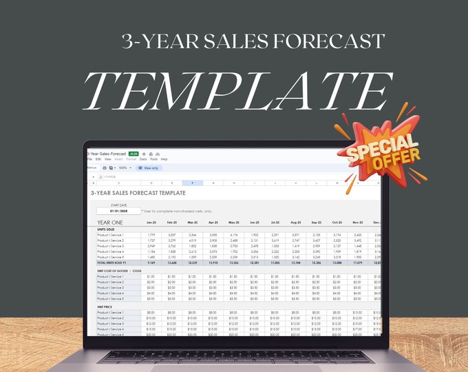 3 Year Sales Forecast Excel Spreadsheet, Monthly Revenue and Margin Projections