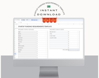 Puede incluir: Un monitor de computadora que muestra una hoja de cálculo digital titulada Startup Funding Requirements Template. El documento incluye columnas para gastos y activos iniciales requeridos con varios elementos y símbolos.