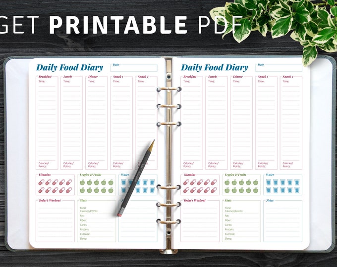 Food Diary Printable, Meal and Nutrition Tracker, Daily Food Journal for Healthy Eating