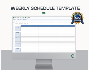 May include: A computer monitor displaying a digital weekly schedule template in an Excel format. The screen shows a grid with columns for Morning, Afternoon, and Evening, and rows for days of the week. A gold 100% satisfaction guarantee seal is visible.