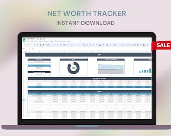May include: A digital net worth tracker spreadsheet displayed on a laptop screen. The interface features tables for assets, liabilities, and net worth, including a pie chart and line graphs. Text reads NET WORTH TRACKER and INSTANT DOWNLOAD.