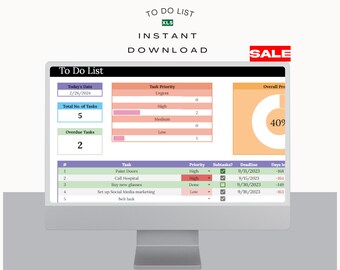 May include: A digital to-do list spreadsheet displayed on a computer monitor. The interface includes sections for task priority, total tasks, overdue tasks, and a progress chart. Text includes TO DO LIST, XLS, INSTANT DOWNLOAD, SALE, and task details.