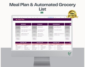 Może przedstawiać: Cyfrowy arkusz kalkulacyjny wyświetlany na monitorze komputera zatytułowany Meal Plan & Automated Grocery List. Interfejs zawiera kolumny na poniedziałek, wtorek i środę, wymieniając posiłki oraz odpowiadającą im listę zakupów poniżej.