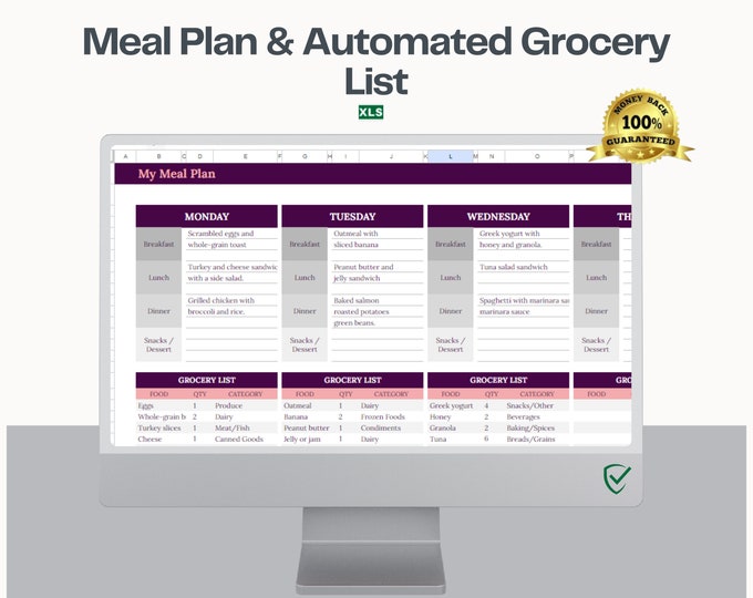 Meal Planner Spreadsheet for Google Sheets | Automated Grocery List for Shopping | Daily Weekly Diet Plan & Food Prep |