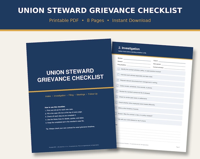 Union Steward Checklist, Grievance Checklist Printable PDF, Labor Union Steward Toolkit, Grievance Investigation and Filing Forms
