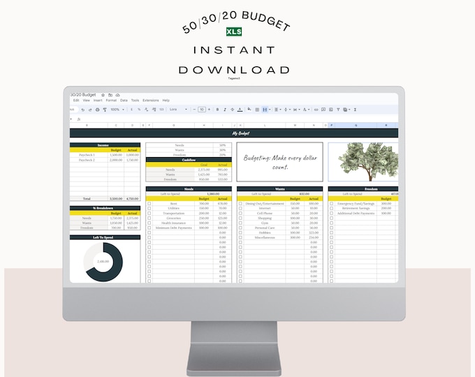 Ultimate 50/30/20 Budget Spreadsheet Google Sheets Excel Template Weekly Biweekly Monthly Financial Planner Debt Snowball